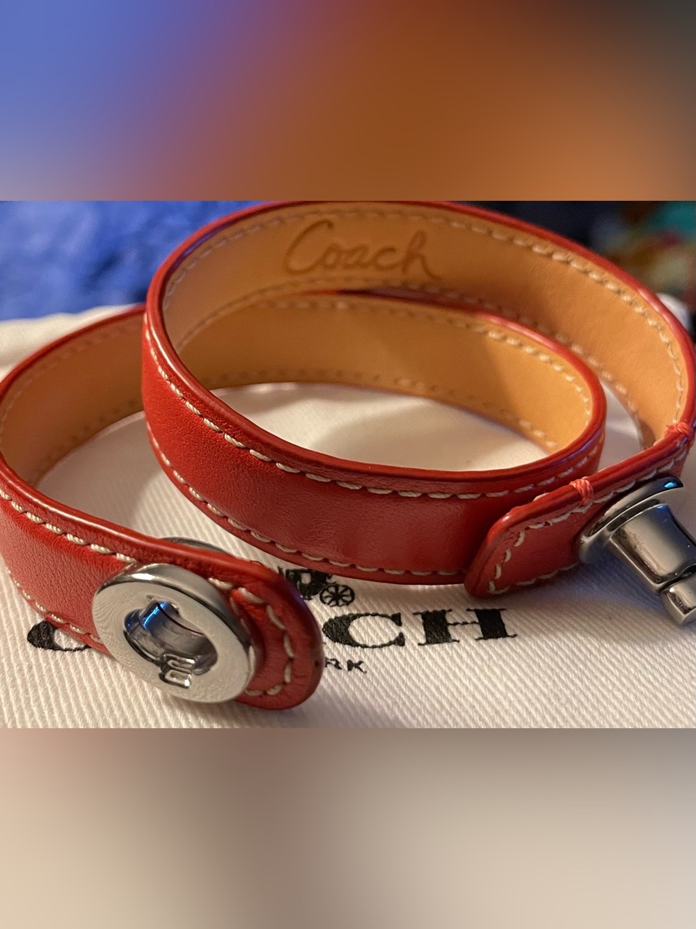 Coach Red Leather Double Wrap Bracelet with Silver Turnlock - Picture 3 of 3